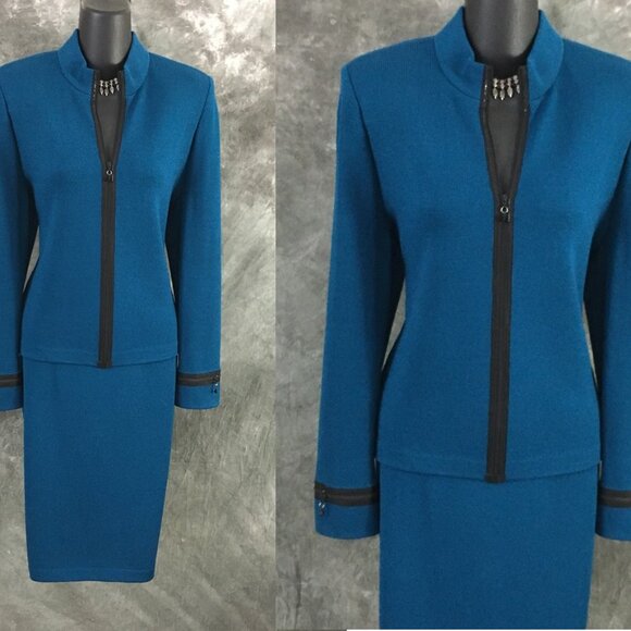 St. John Dresses & Skirts - BEAUTIFUL St John collection knit turquoise black jacket skirt suit size 8 10
